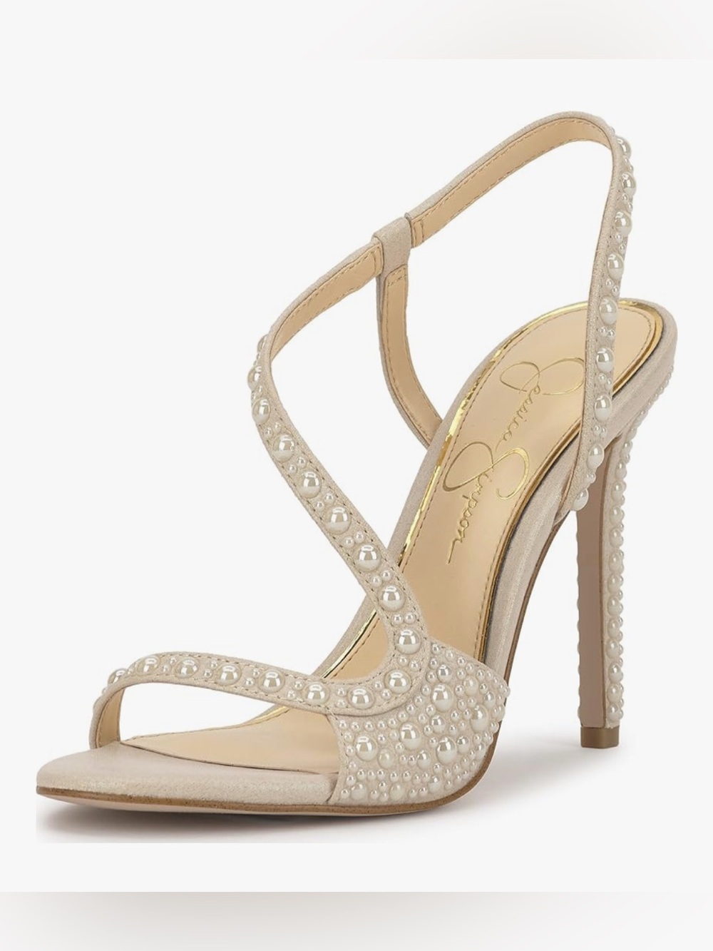Jessica Simpson Pearl-Embellished Beige Strappy High Heel Sandal